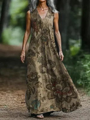 Retro Floral Print V-neck Sleeveless Loose Midi Dress