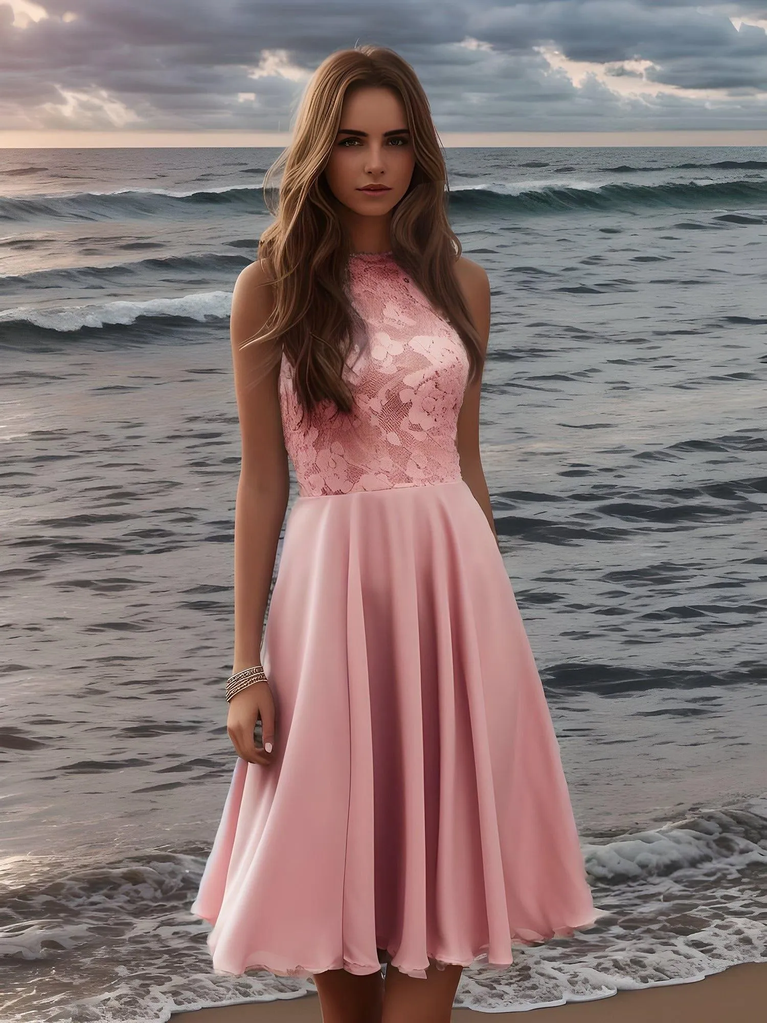 Robe courte en mousseline à encolure Licou dos nu en dentelle