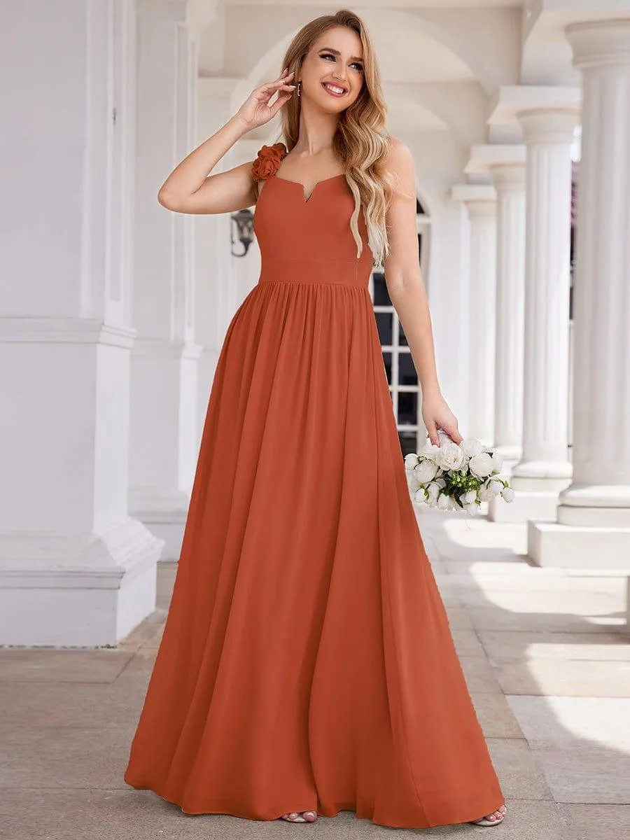 Robe de demoiselle d'honneur élégante en mousseline de soie col en V bretelles florales taille empire
