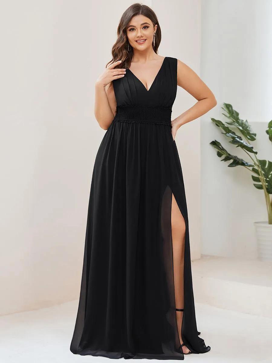 Robe de demoiselle d'honneur Mousseline plissée à encolure en V sans manches(Vente finale)
