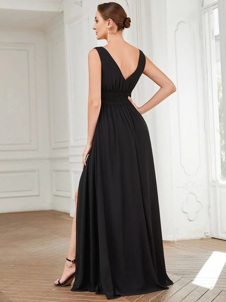 Robe de demoiselle d'honneur Mousseline plissée à encolure en V sans manches(Vente finale)