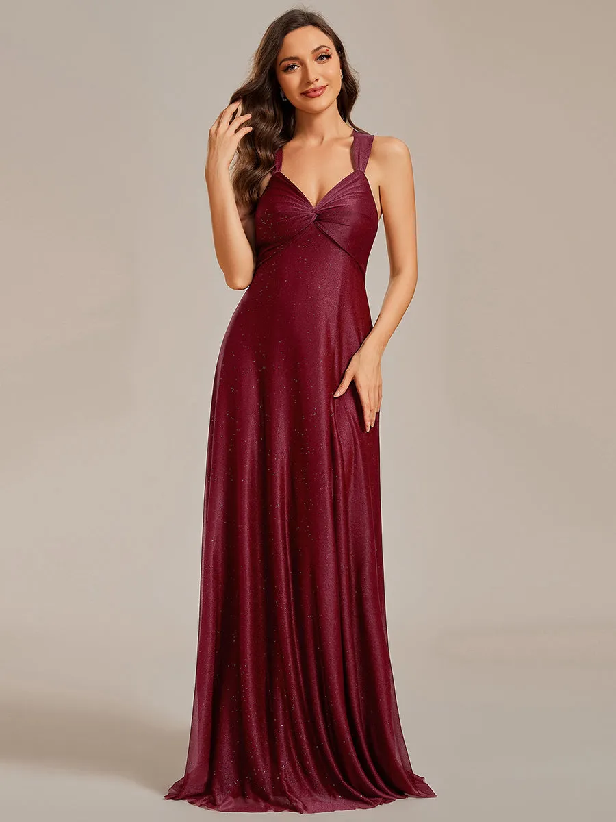 Robe de demoiselle d'honneur sans manches plissée et scintillante, col en V dos réglable lacets