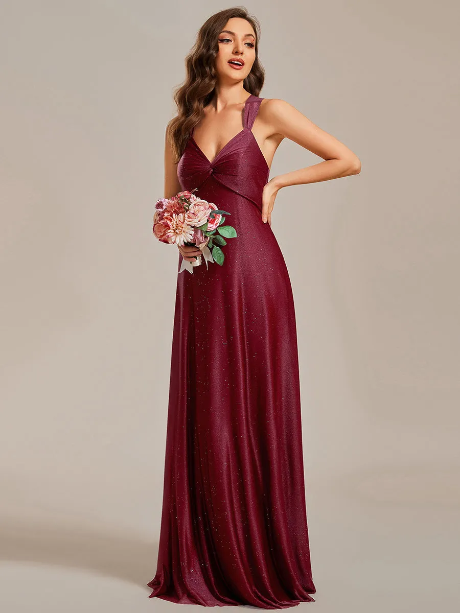 Robe de demoiselle d'honneur sans manches plissée et scintillante, col en V dos réglable lacets