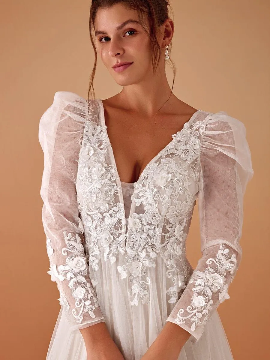 Robe de mariée transparente à col en V et manches gigot