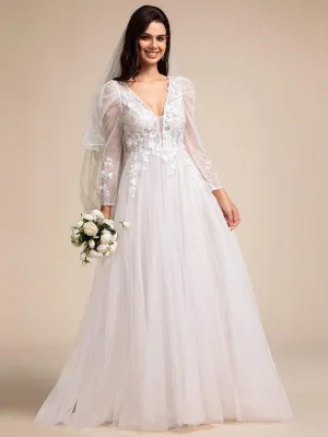 Robe de mariée transparente à col en V et manches gigot