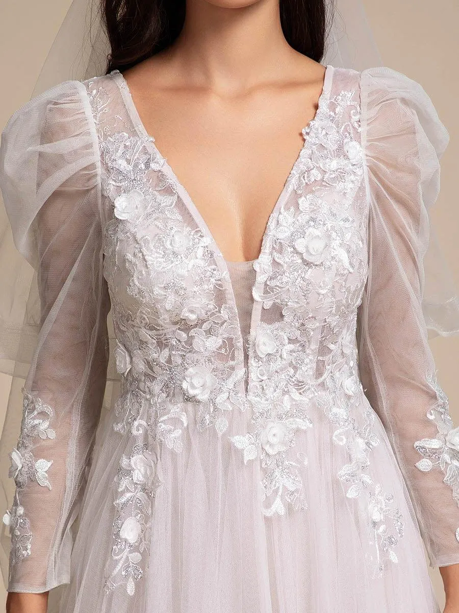 Robe de mariée transparente à col en V et manches gigot