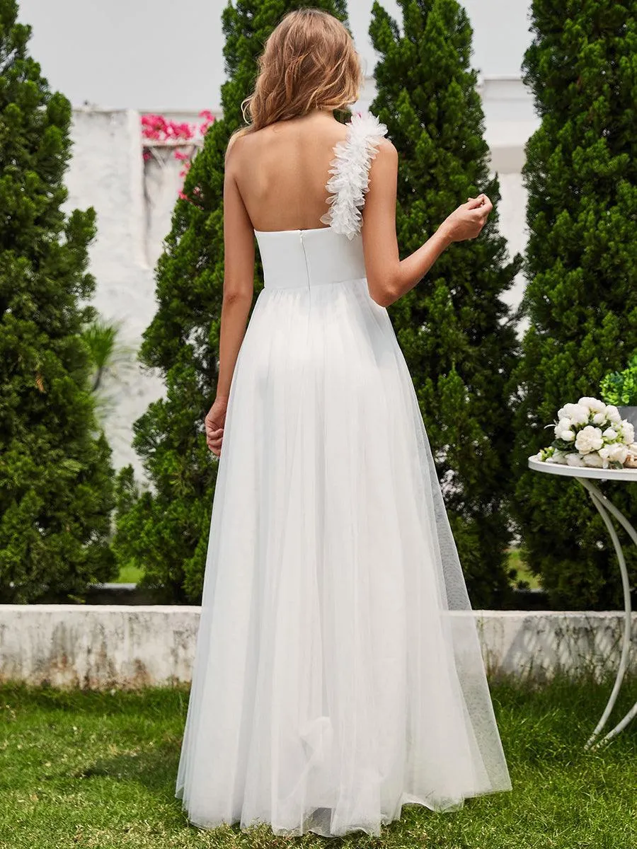 Robe de soirée asymétrique en tulle à appliqués et fente haute