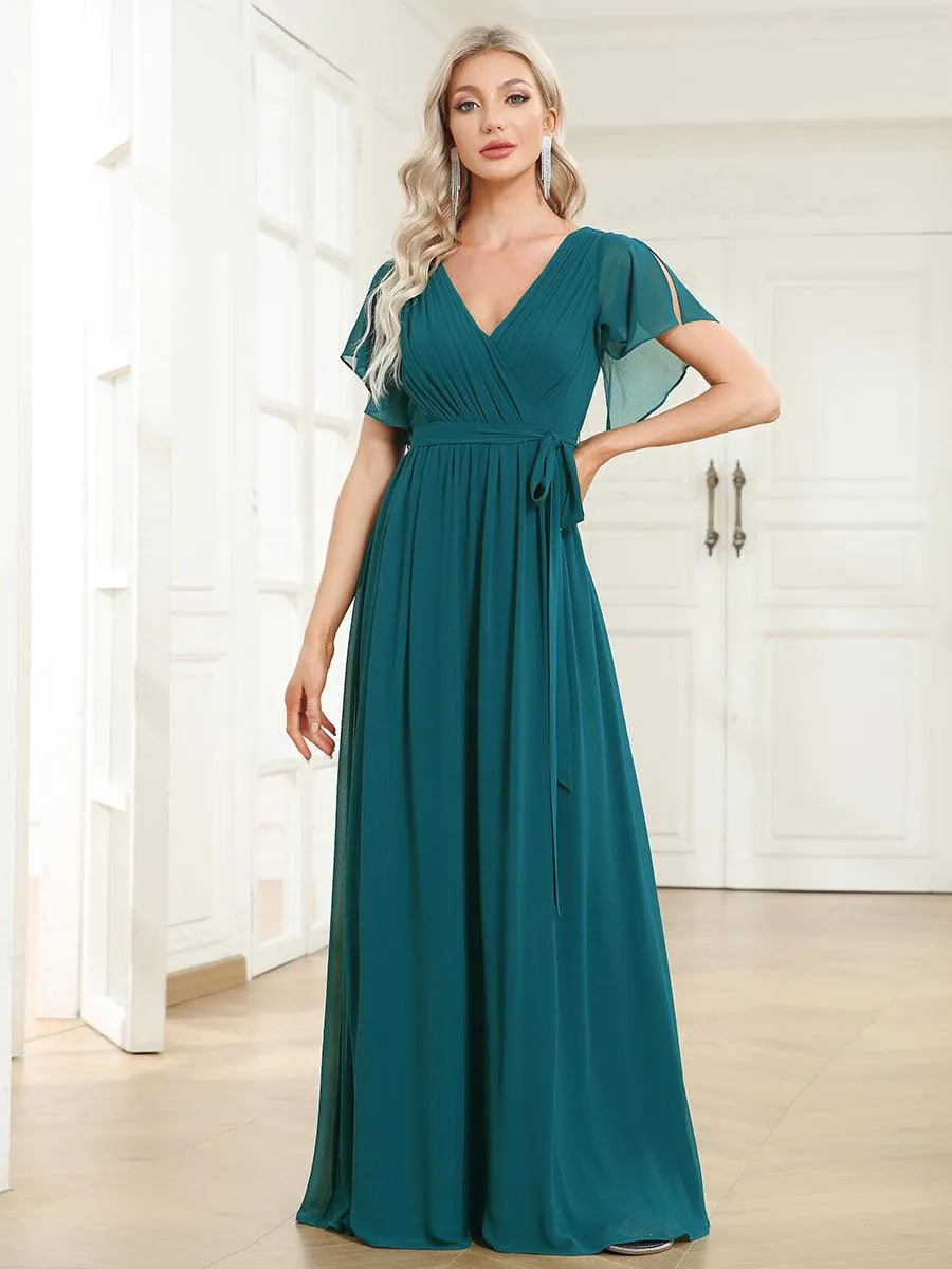 Robe de soirée en mousseline de soie à encolure en V et à manches flottantes