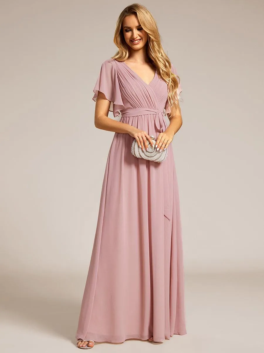 Robe de soirée en mousseline de soie à encolure en V et à manches flottantes
