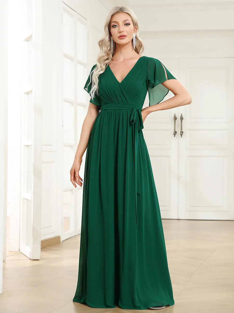 Robe de soirée en mousseline de soie à encolure en V et à manches flottantes