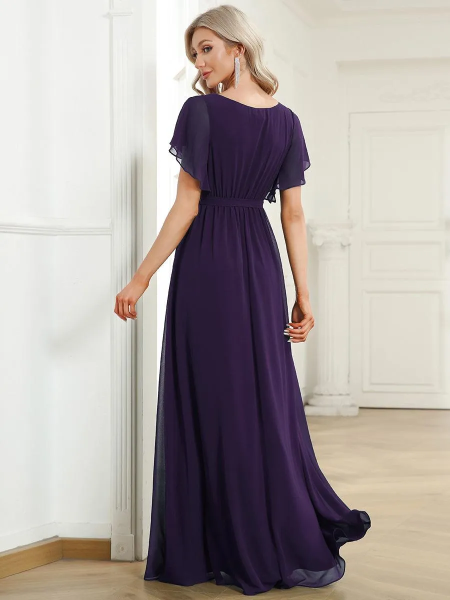 Robe de soirée en mousseline de soie à encolure en V et à manches flottantes