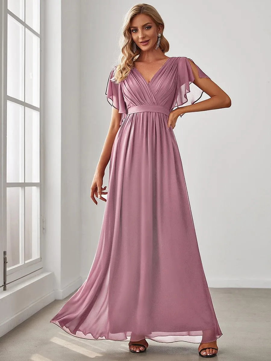 Robe de soirée en mousseline de soie à encolure en V et à manches flottantes