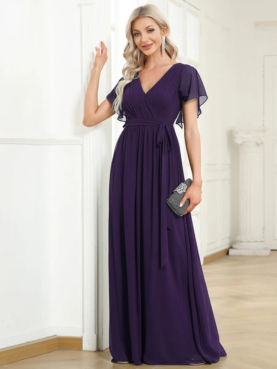 Robe de soirée en mousseline de soie à encolure en V et à manches flottantes