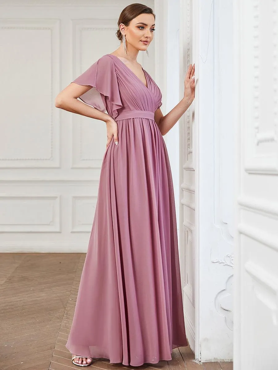 Robe de soirée en mousseline de soie à encolure en V et à manches flottantes