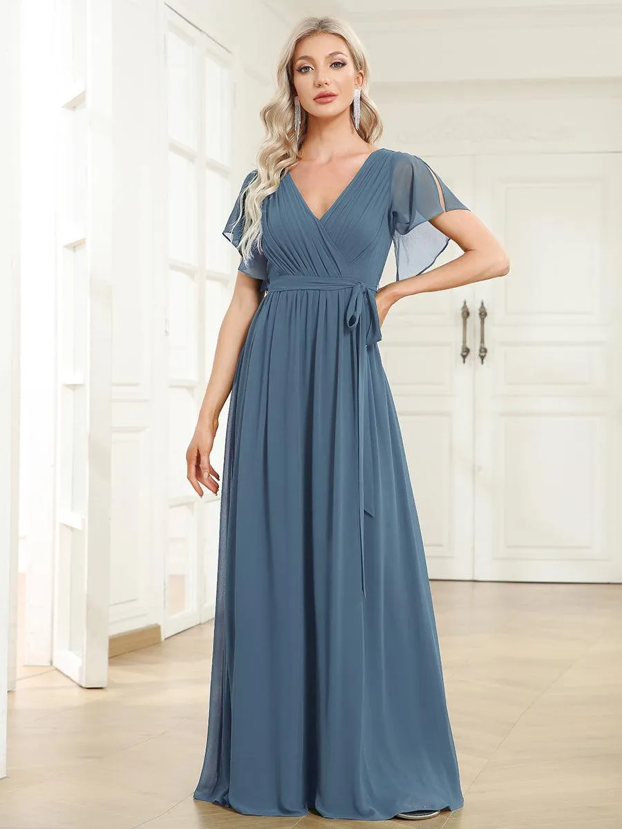 Robe de soirée en mousseline de soie à encolure en V et à manches flottantes