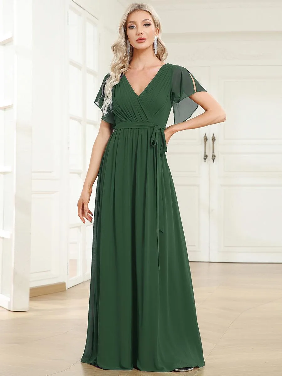 Robe de soirée en mousseline de soie à encolure en V et à manches flottantes