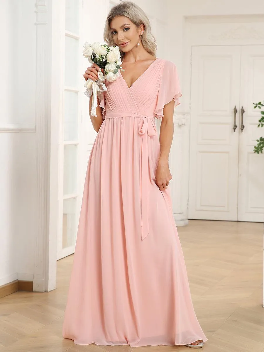 Robe de soirée en mousseline de soie à encolure en V et à manches flottantes