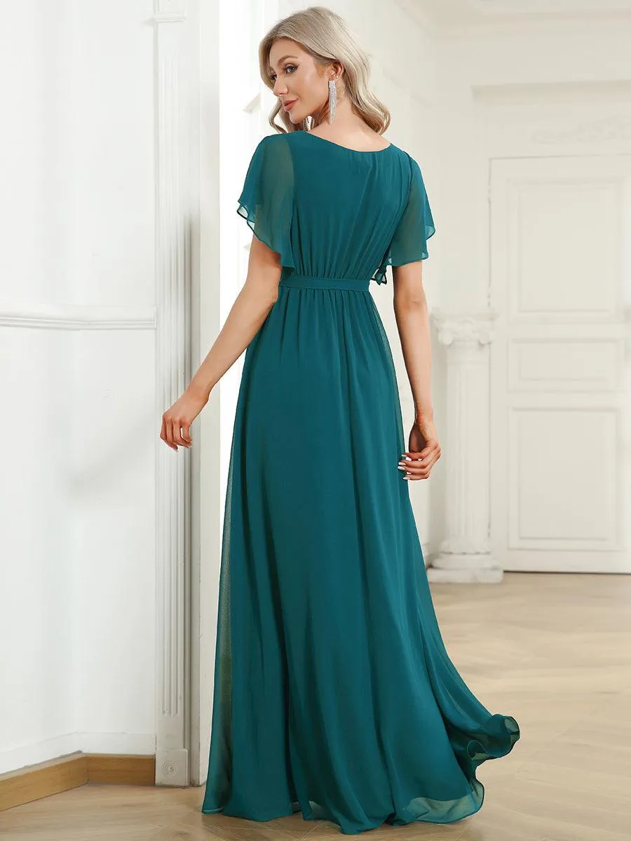 Robe de soirée en mousseline de soie à encolure en V et à manches flottantes