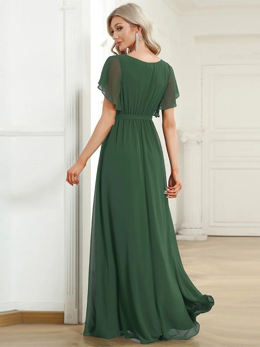 Robe de soirée en mousseline de soie à encolure en V et à manches flottantes