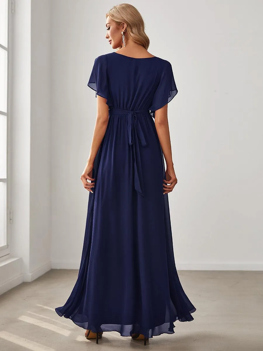 Robe de soirée en mousseline de soie à encolure en V et à manches flottantes