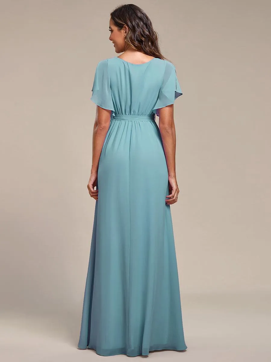 Robe de soirée en mousseline de soie à encolure en V et à manches flottantes