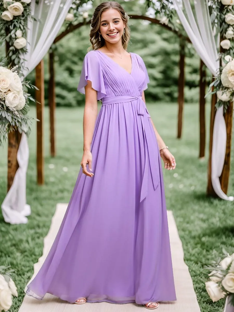 Robe de soirée en mousseline de soie à encolure en V et à manches flottantes