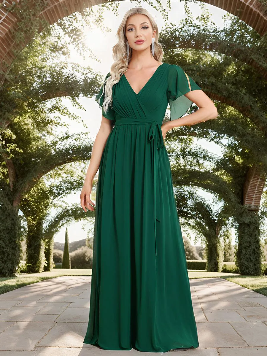 Robe de soirée en mousseline de soie à encolure en V et à manches flottantes
