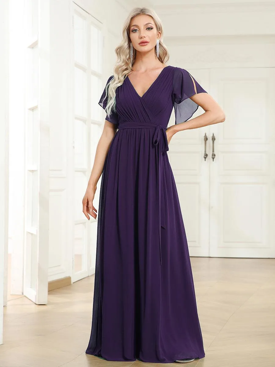 Robe de soirée en mousseline de soie à encolure en V et à manches flottantes