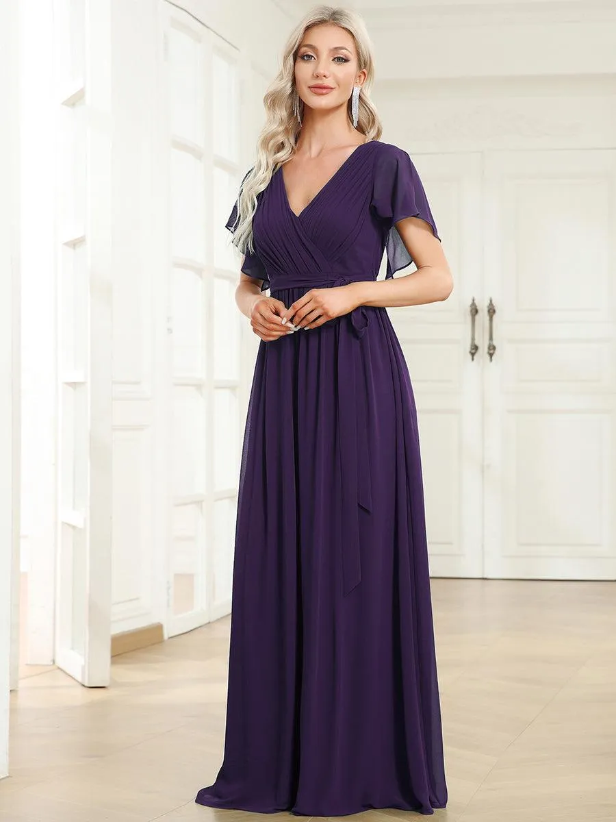 Robe de soirée en mousseline de soie à encolure en V et à manches flottantes