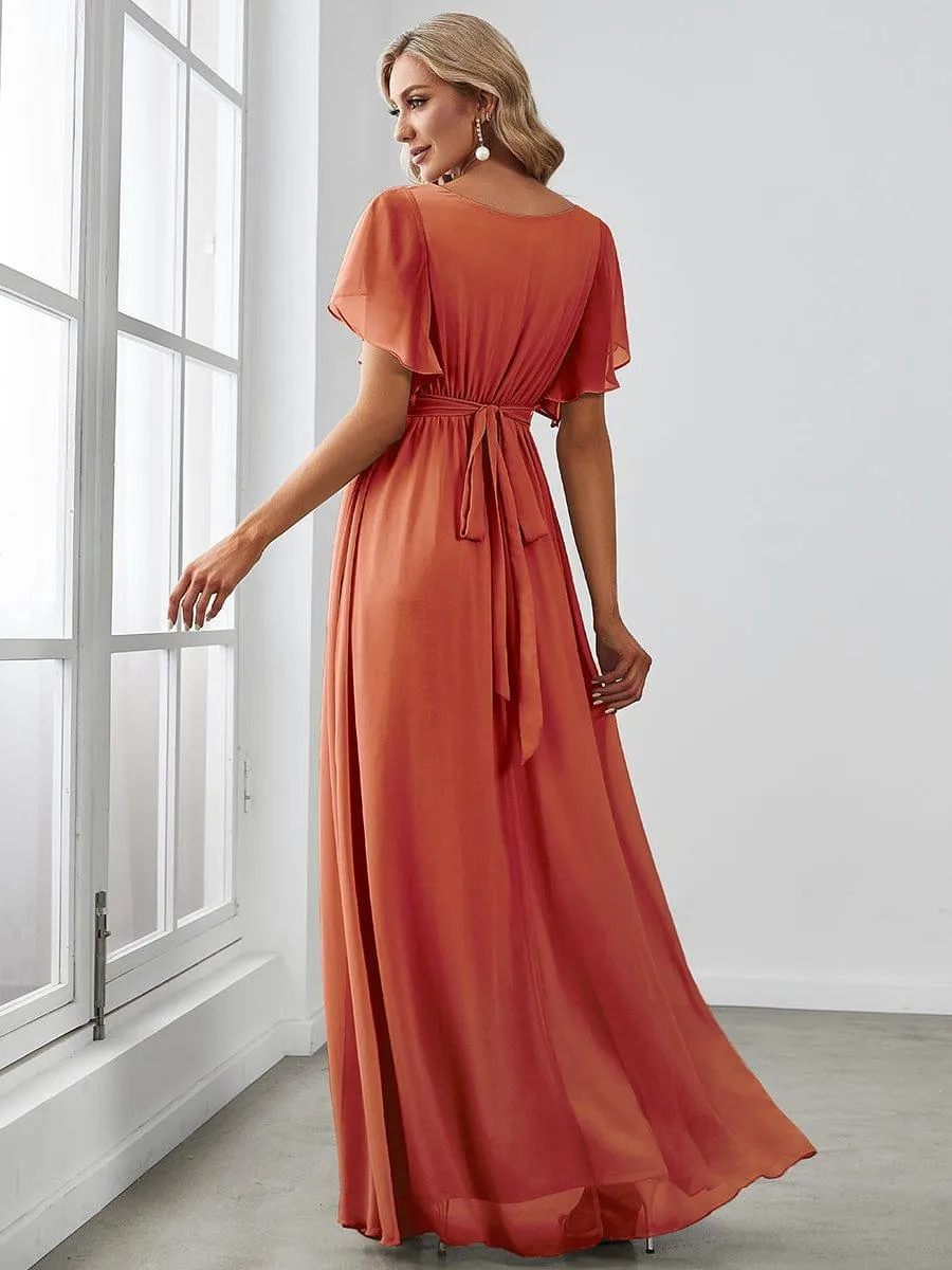 Robe de soirée en mousseline de soie à encolure en V et à manches flottantes