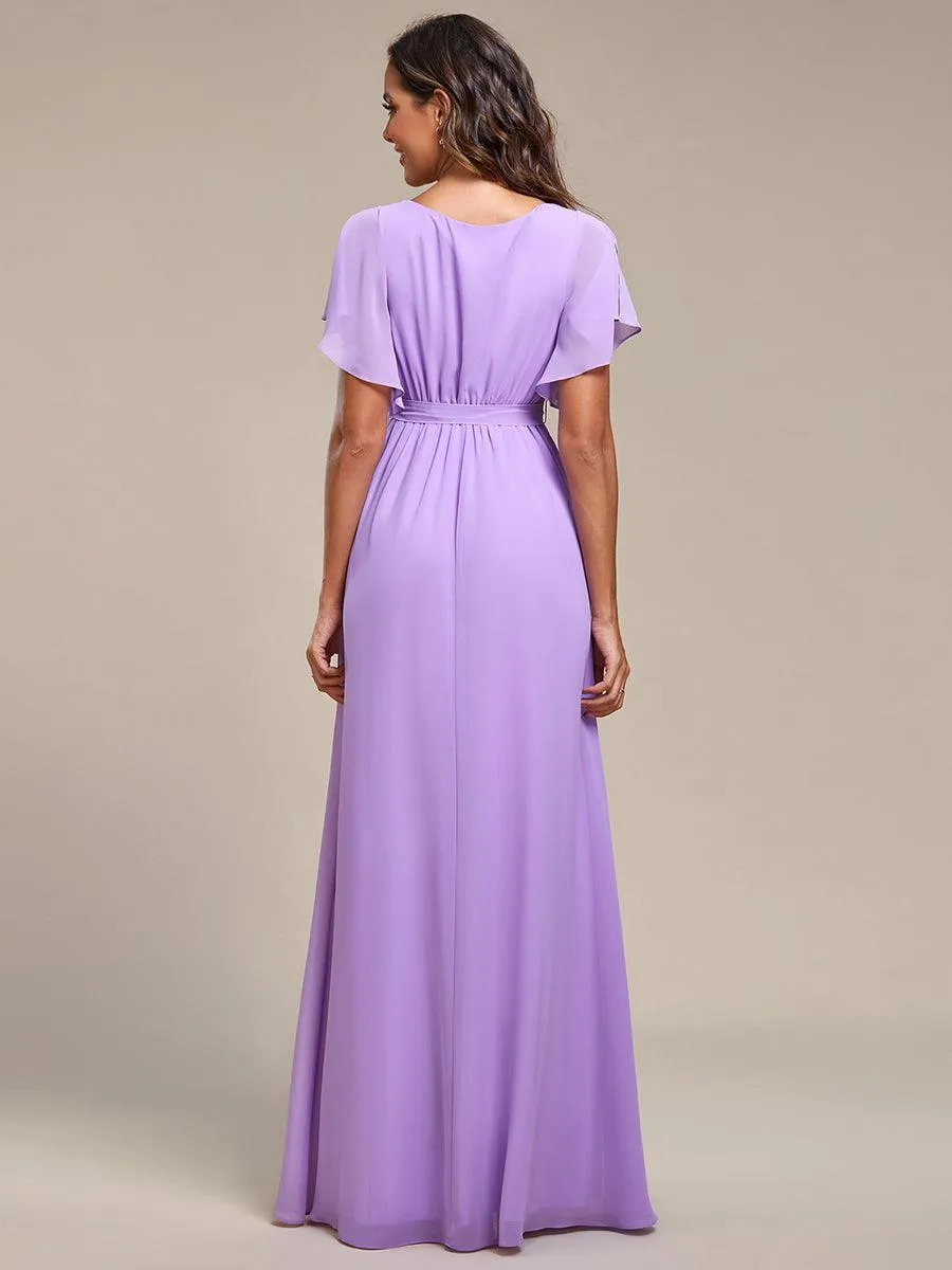 Robe de soirée en mousseline de soie à encolure en V et à manches flottantes