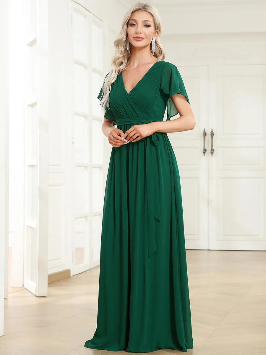 Robe de soirée en mousseline de soie à encolure en V et à manches flottantes
