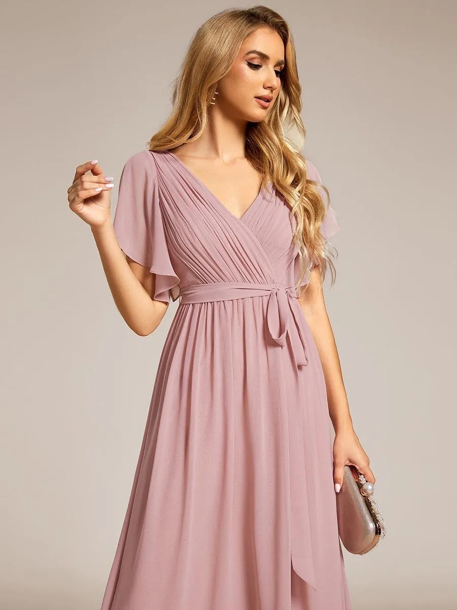 Robe de soirée en mousseline de soie à encolure en V et à manches flottantes