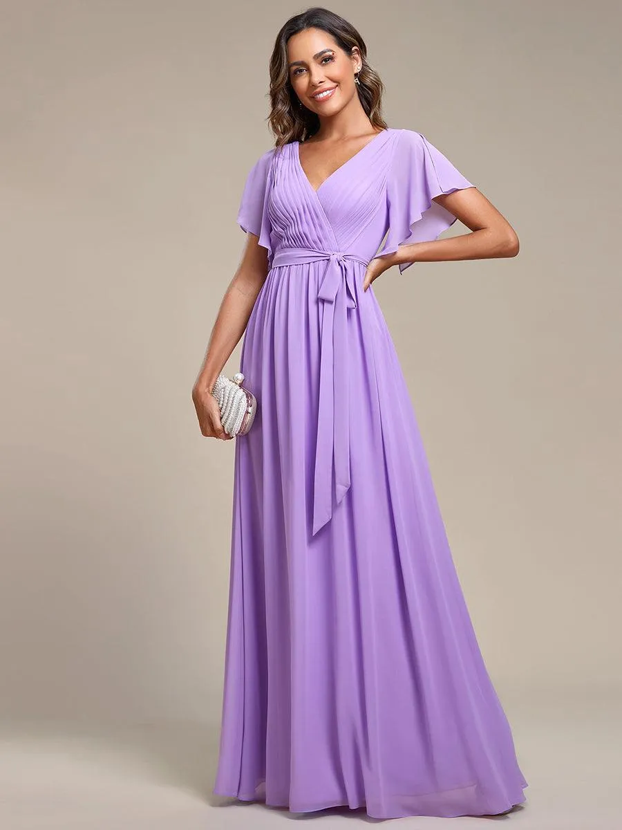 Robe de soirée en mousseline de soie à encolure en V et à manches flottantes
