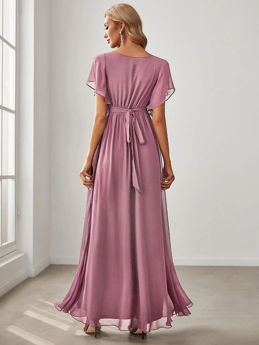 Robe de soirée en mousseline de soie à encolure en V et à manches flottantes