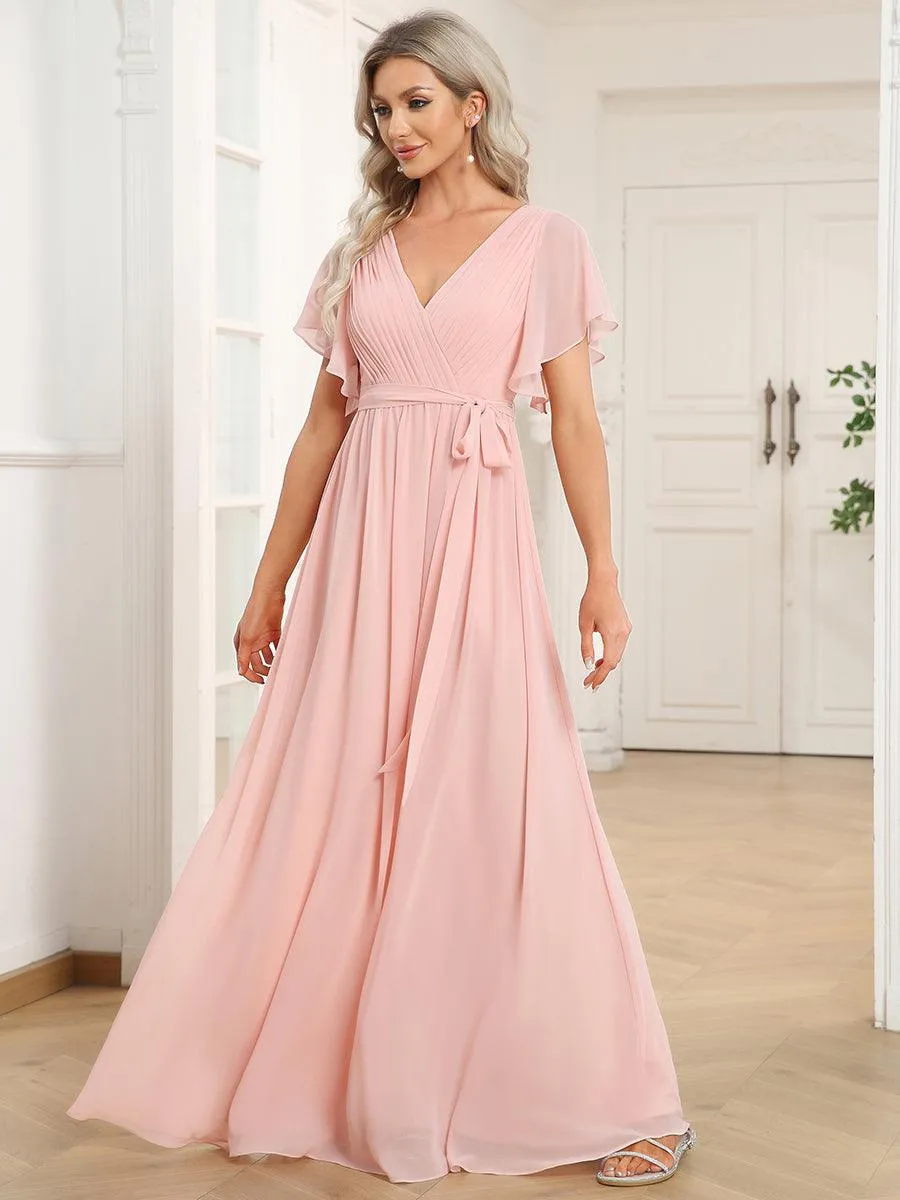 Robe de soirée en mousseline de soie à encolure en V et à manches flottantes