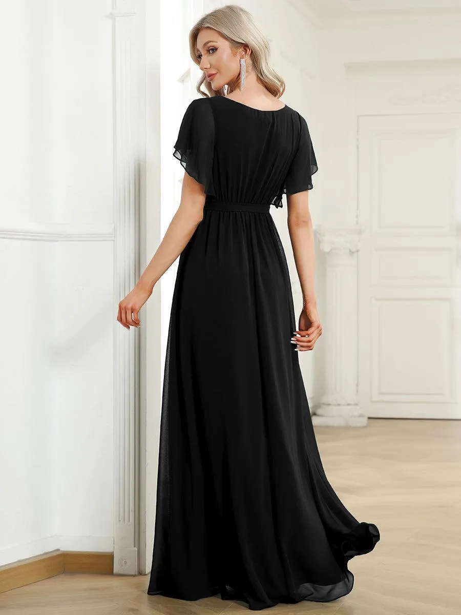 Robe de soirée en mousseline de soie à encolure en V et à manches flottantes