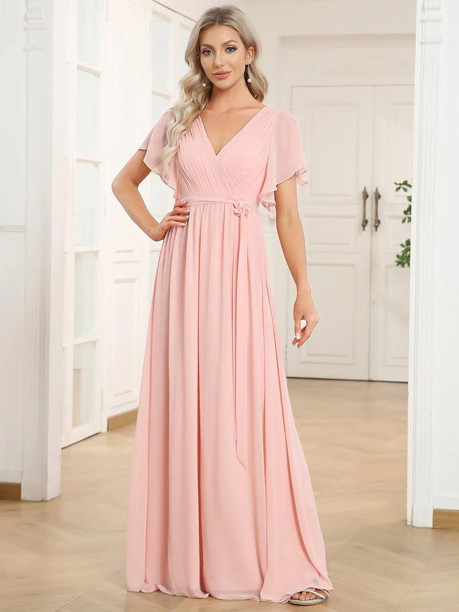 Robe de soirée en mousseline de soie à encolure en V et à manches flottantes