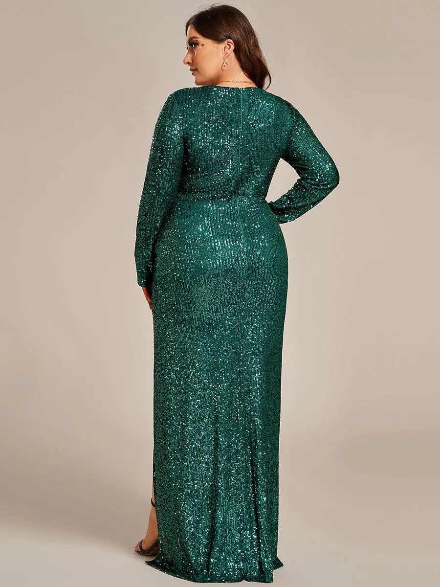 Robe de soirée fendue à la hauteur des cuisses manches longues col en V sequins scintillants