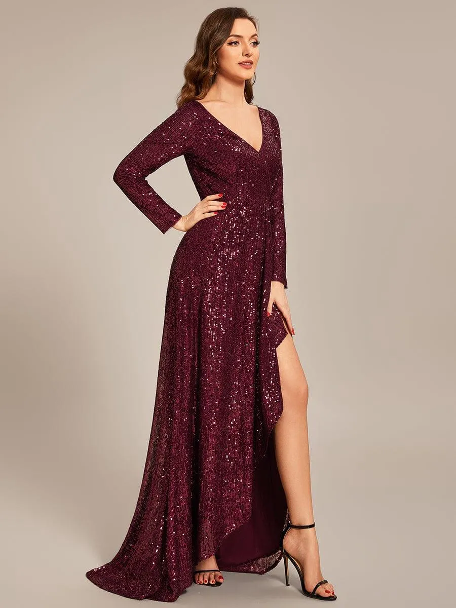Robe de soirée manches longues col en V à sequins ourlet asymétrique