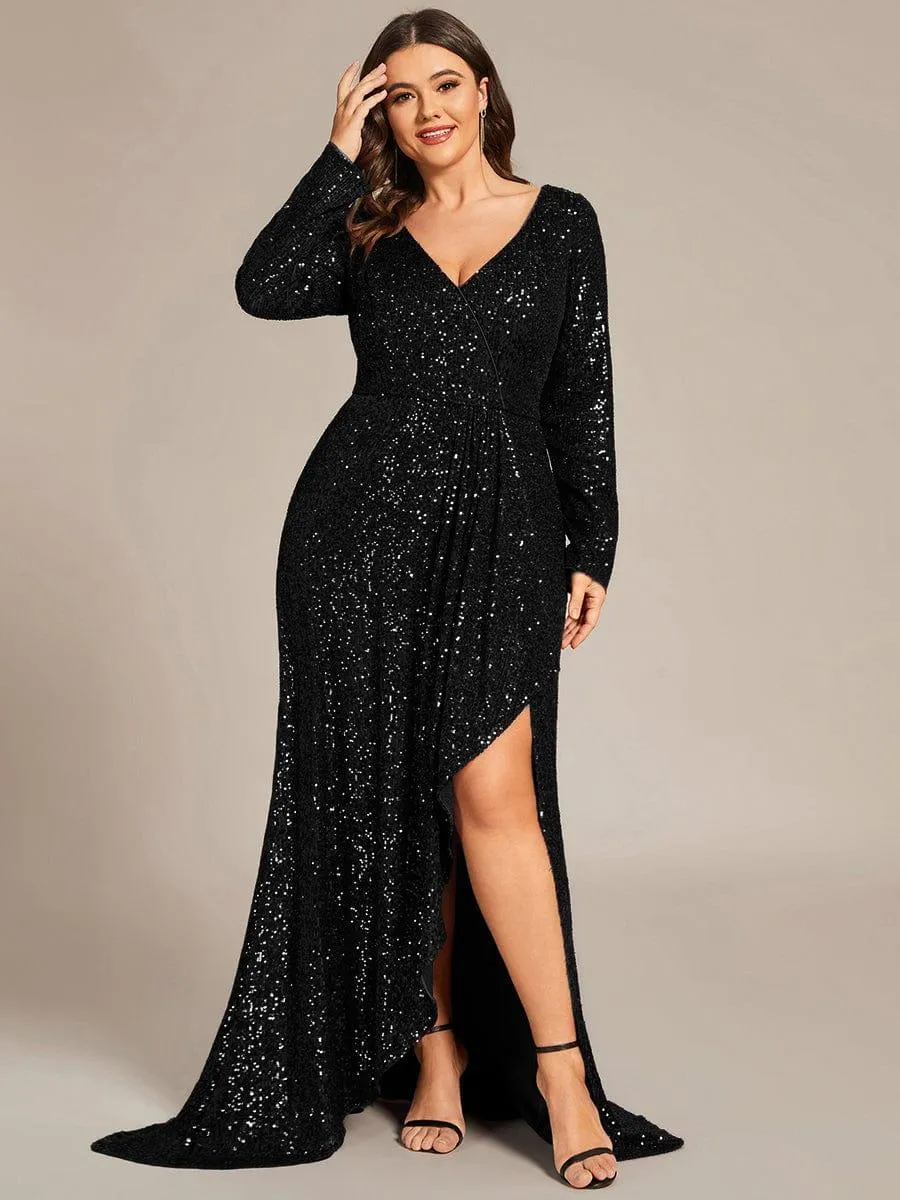 Robe de soirée manches longues col en V à sequins ourlet asymétrique
