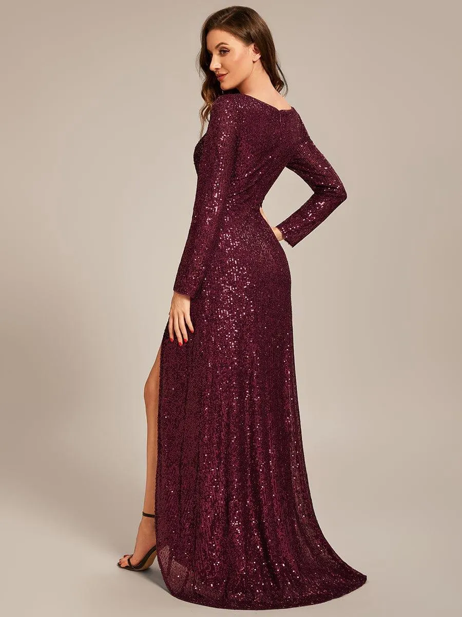 Robe de soirée manches longues col en V à sequins ourlet asymétrique