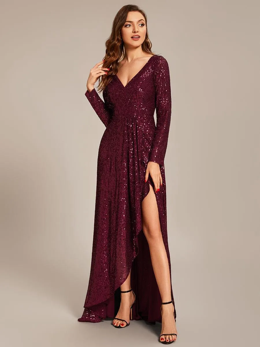 Robe de soirée manches longues col en V à sequins ourlet asymétrique