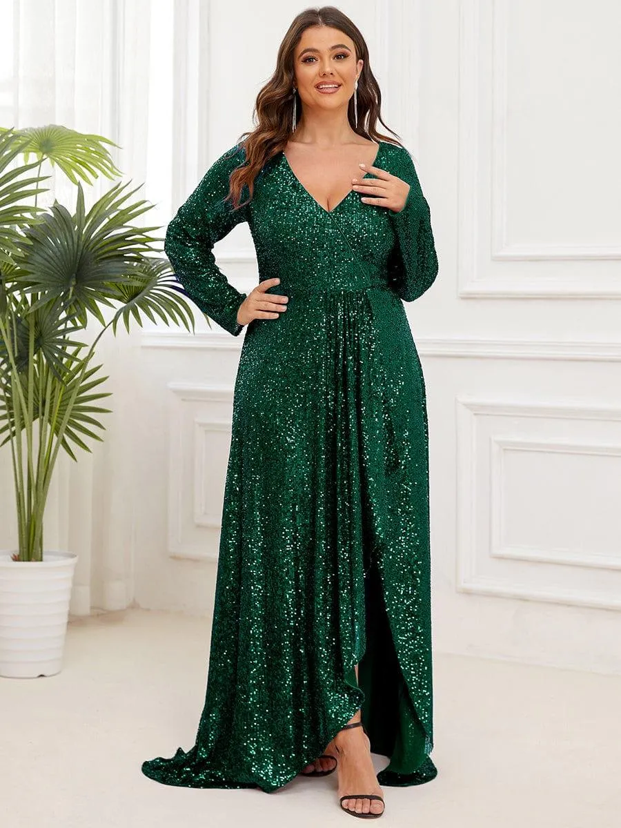Robe de soirée manches longues col en V à sequins ourlet asymétrique