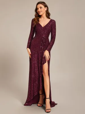 Robe de soirée manches longues col en V à sequins ourlet asymétrique