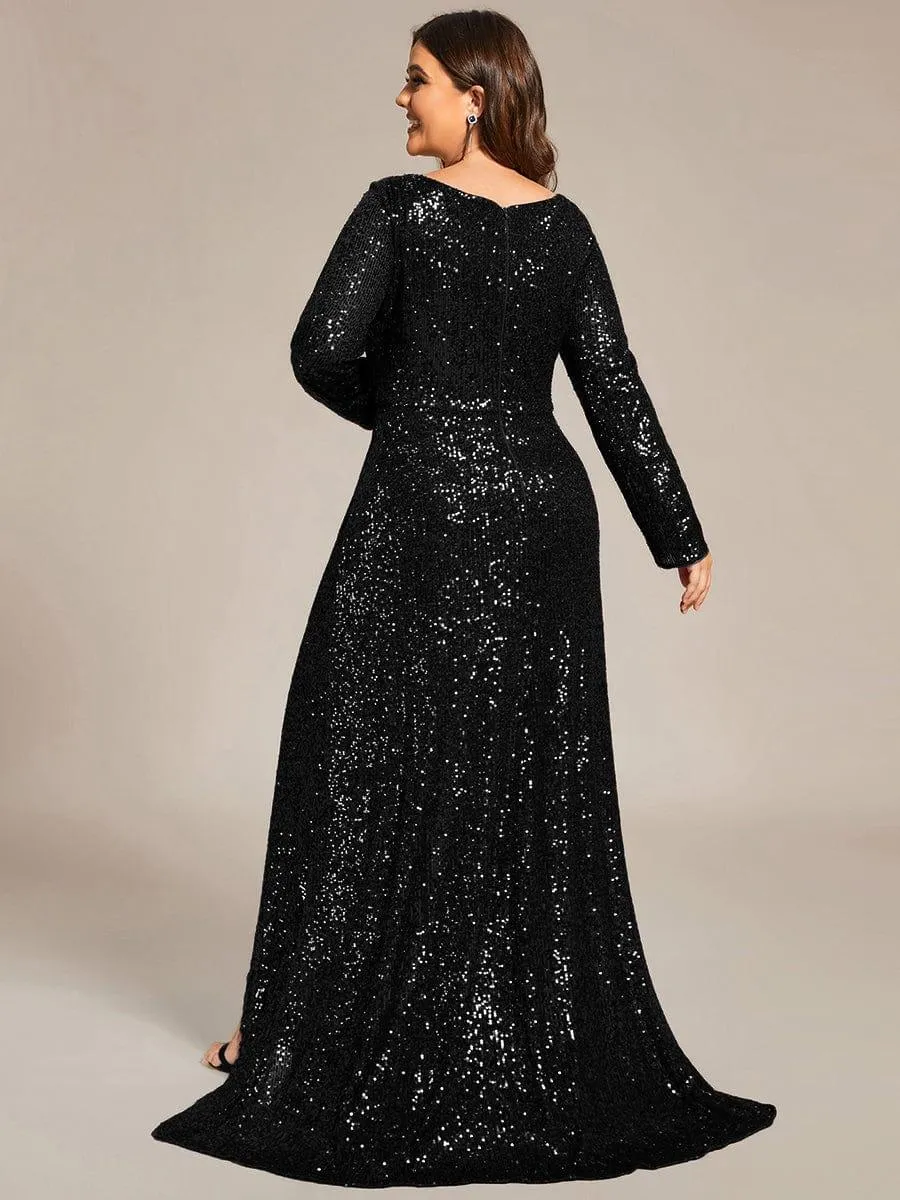 Robe de soirée manches longues col en V à sequins ourlet asymétrique