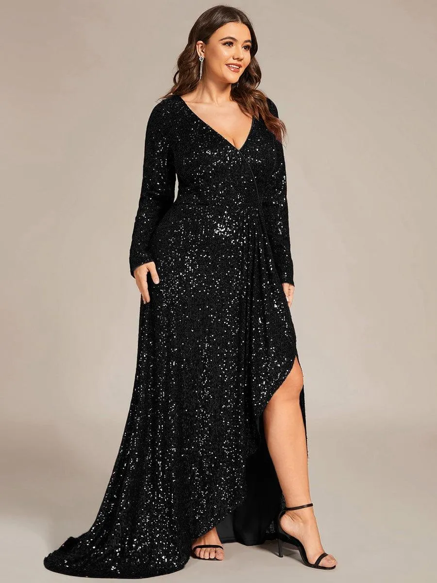Robe de soirée manches longues col en V à sequins ourlet asymétrique