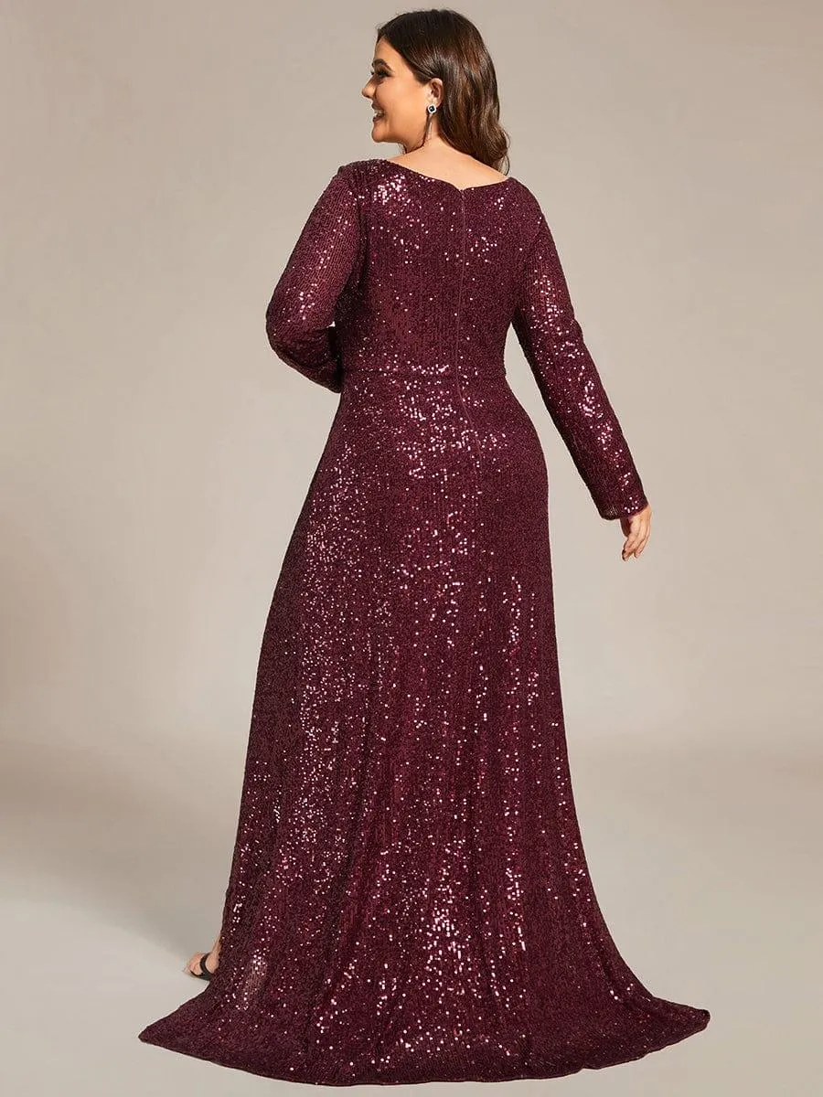 Robe de soirée manches longues col en V à sequins ourlet asymétrique