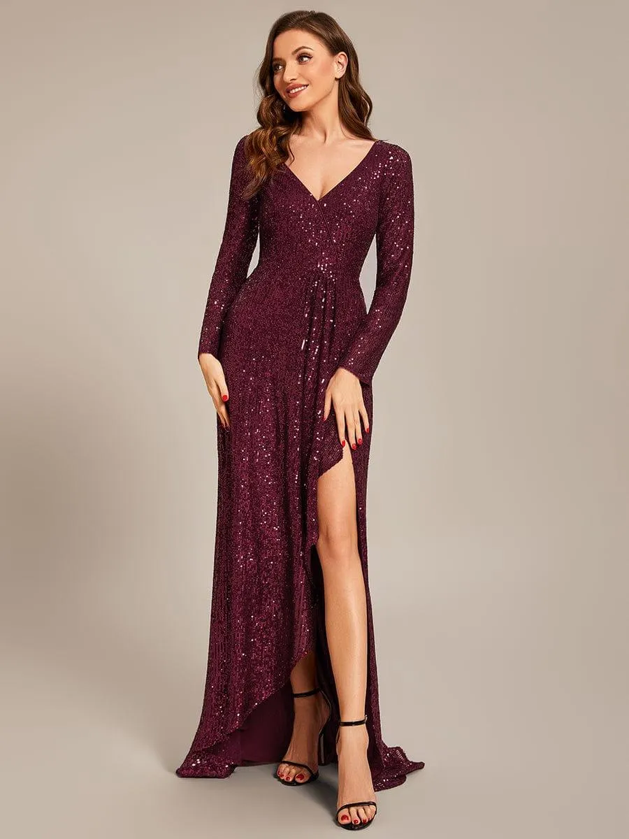 Robe de soirée manches longues col en V à sequins ourlet asymétrique