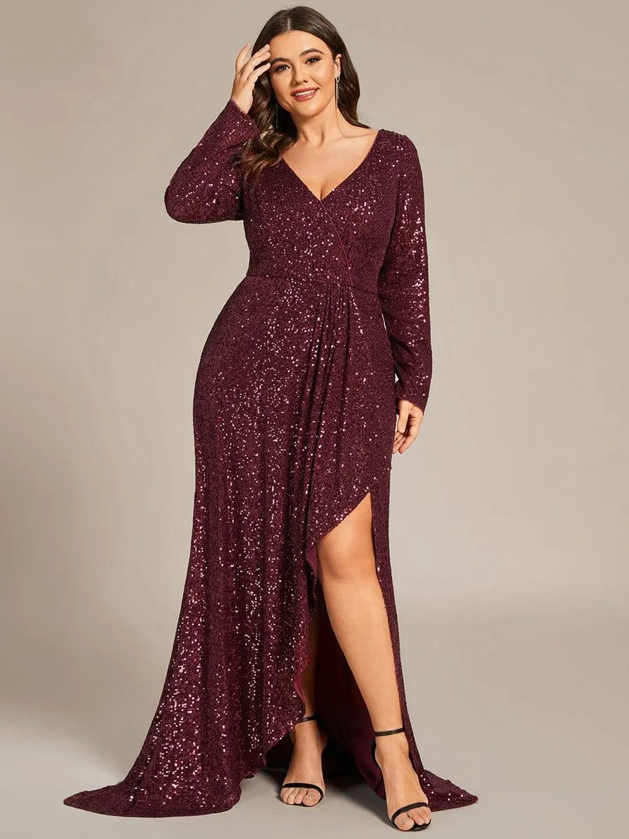 Robe de soirée manches longues col en V à sequins ourlet asymétrique